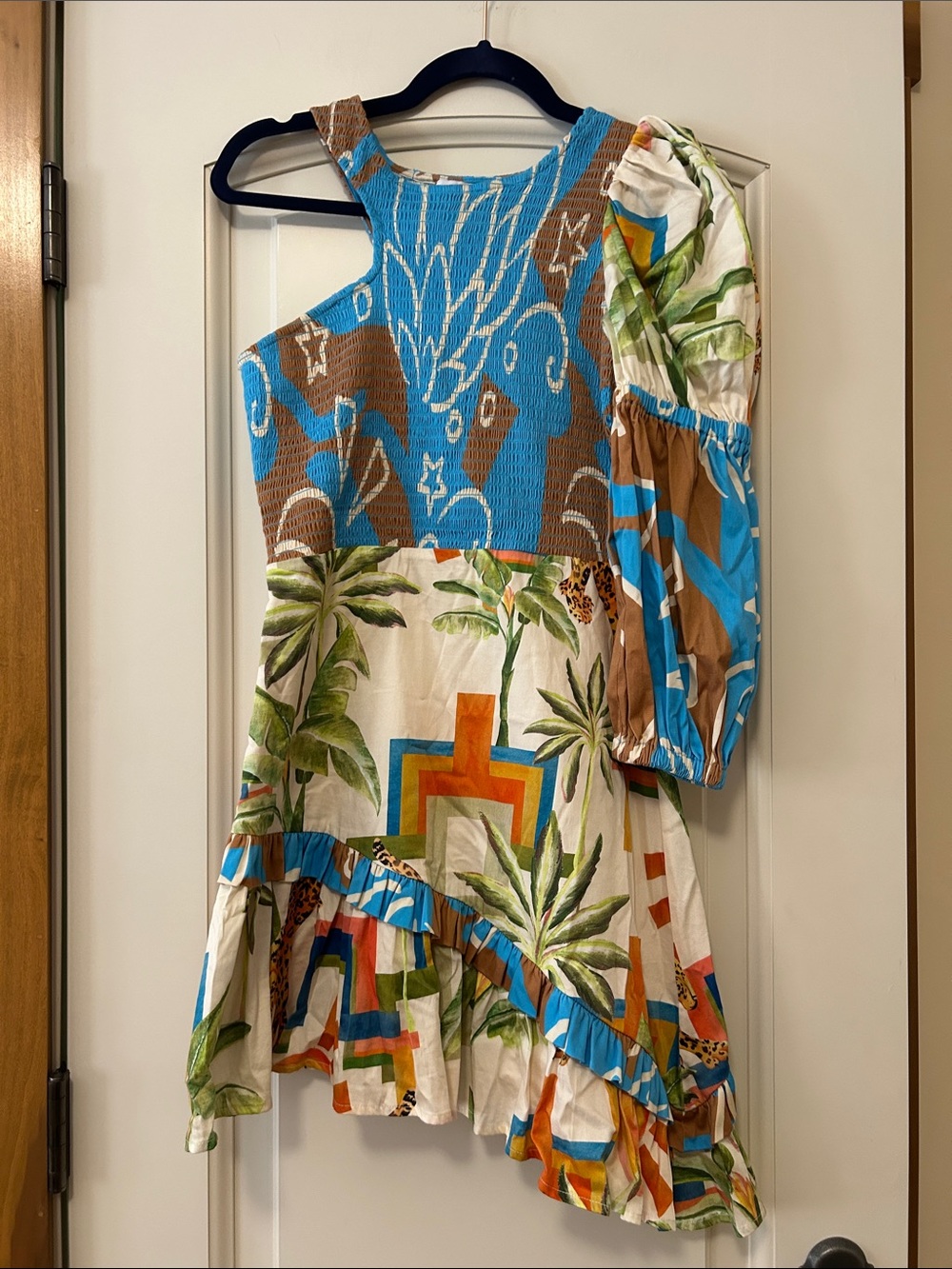 Alden Adair One-Shoulder Tropical Print Brooke Dress Cream,Blue & Brown ORIGINAL